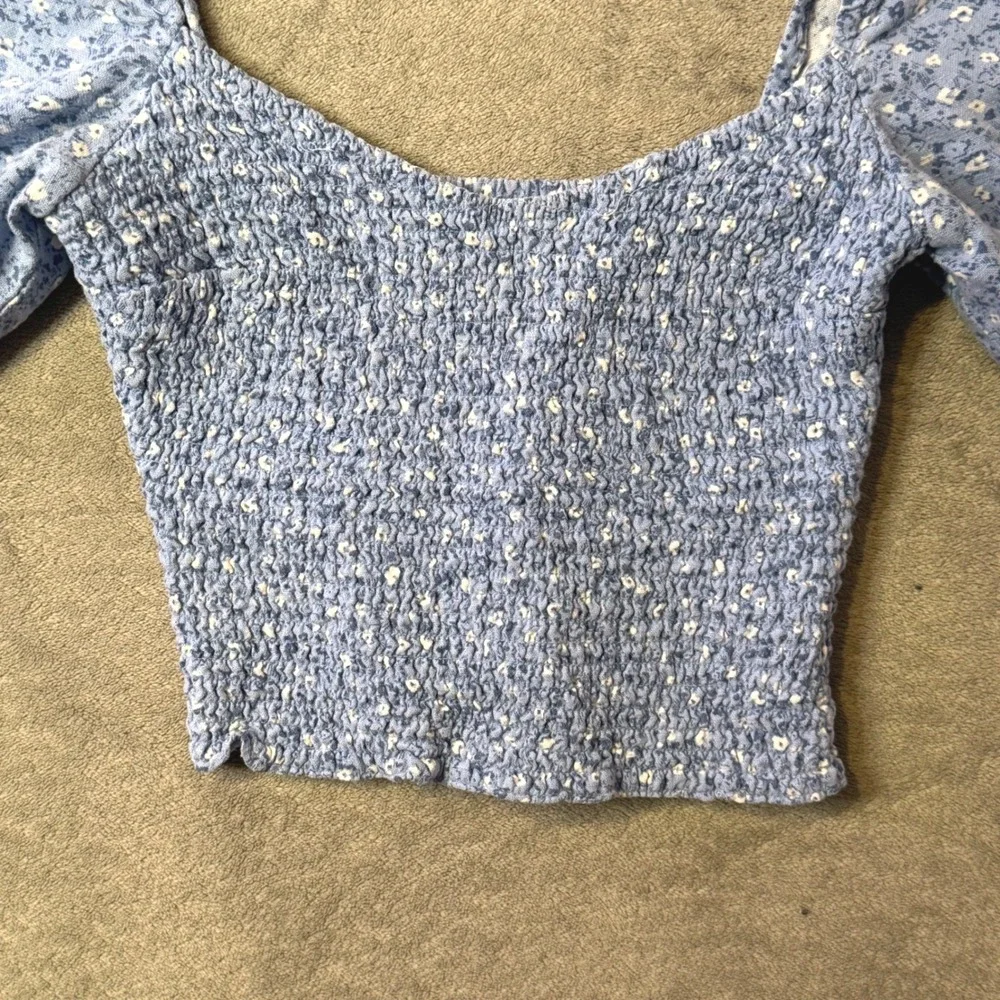 Abercrombie & Fitch Blue Ditsy Floral Print Smocked Puff Sleeve Crop Top XS